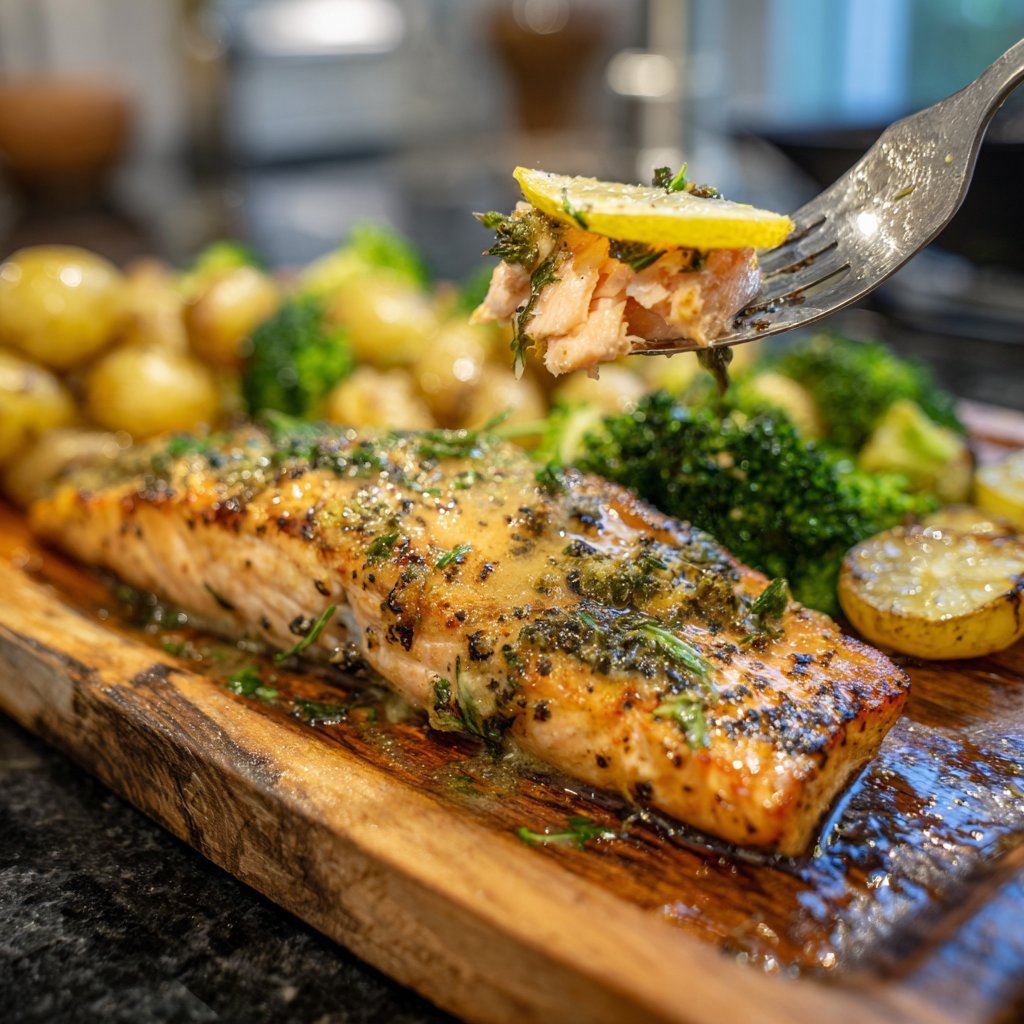 Lemon Butter Salmon with Herb Potatoes and Broccoli