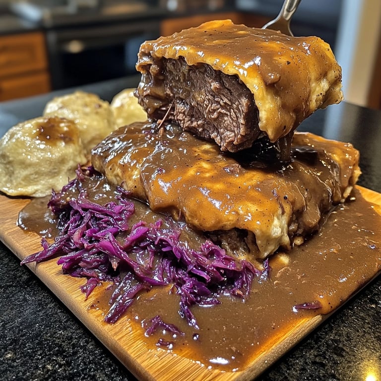 Braised Beef Rouladen with Red Cabbage and Dumplings
